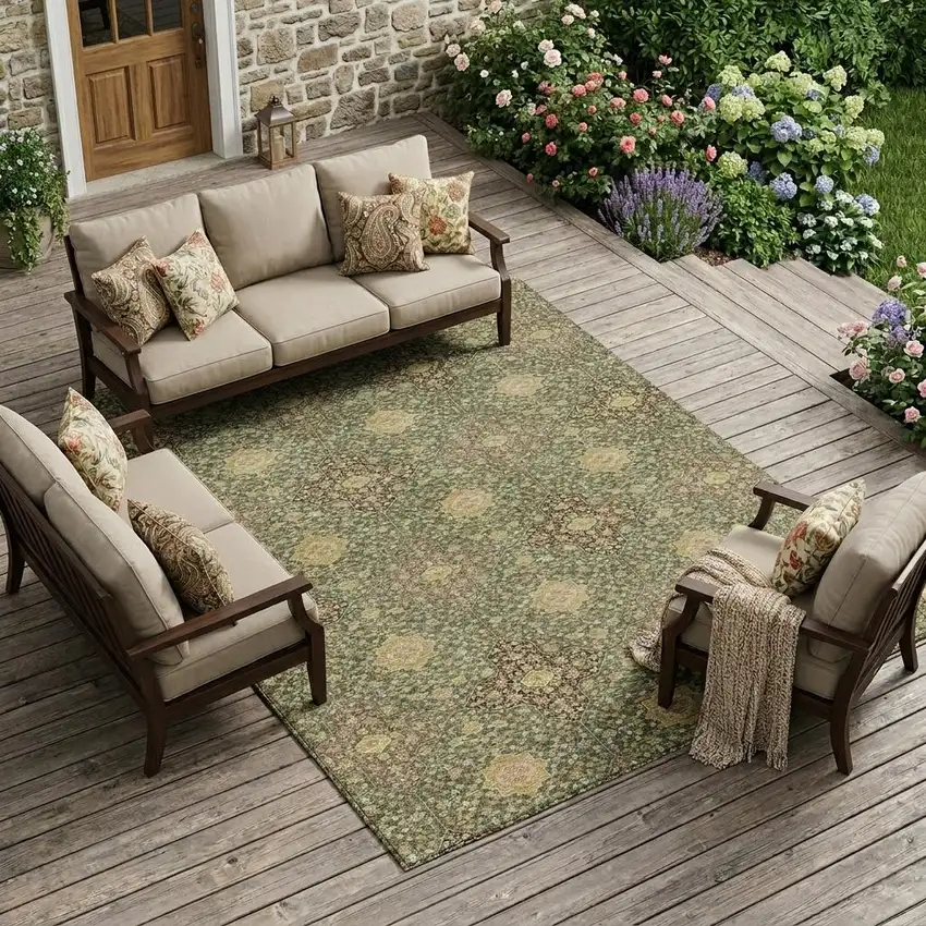 Olive Green And Chocolate Damask Washable Indoor Outdoor Area Rug Photo 1
