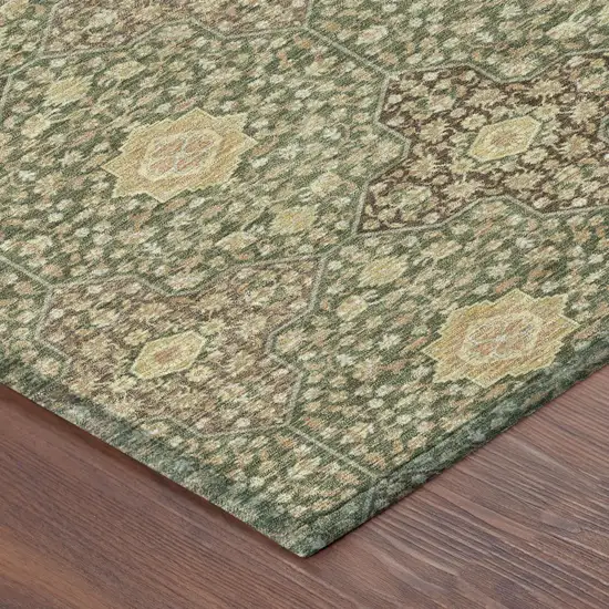Olive Green And Chocolate Damask Washable Indoor Outdoor Area Rug Photo 5