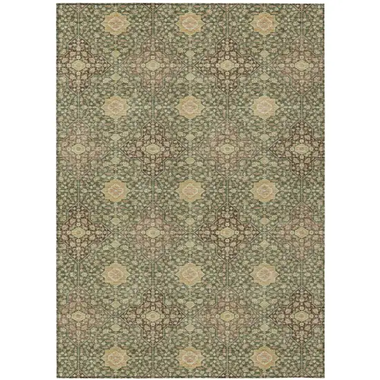 Olive Green And Chocolate Damask Washable Indoor Outdoor Area Rug Photo 2