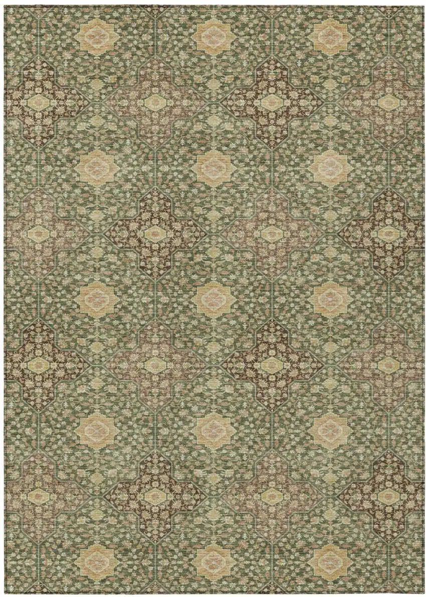Olive Green And Chocolate Damask Washable Indoor Outdoor Area Rug Photo 2