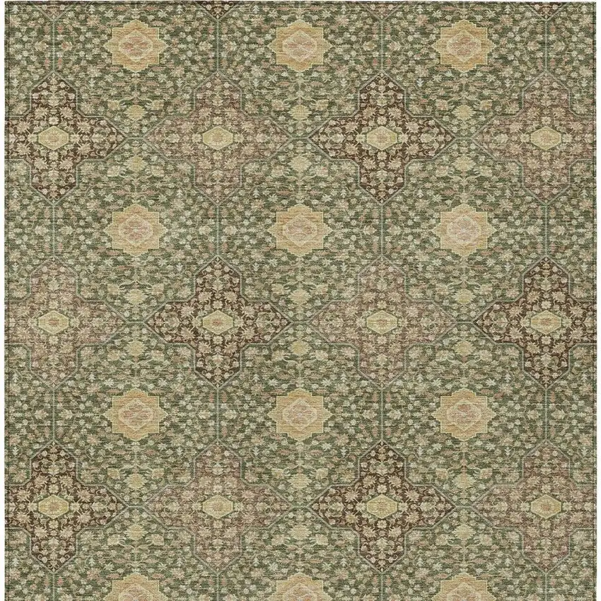 Olive Green And Chocolate Damask Washable Indoor Outdoor Area Rug Photo 4