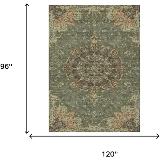 Olive Green And Chocolate Floral Medallion Washable Indoor Outdoor Area Rug Photo 7