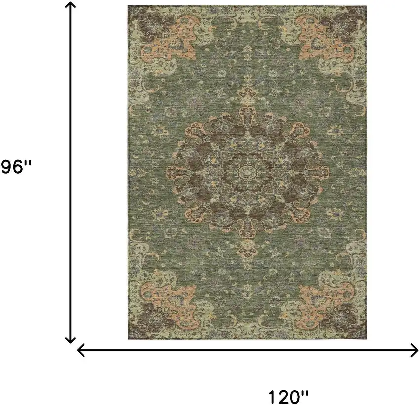 Olive Green And Chocolate Floral Medallion Washable Indoor Outdoor Area Rug Photo 7