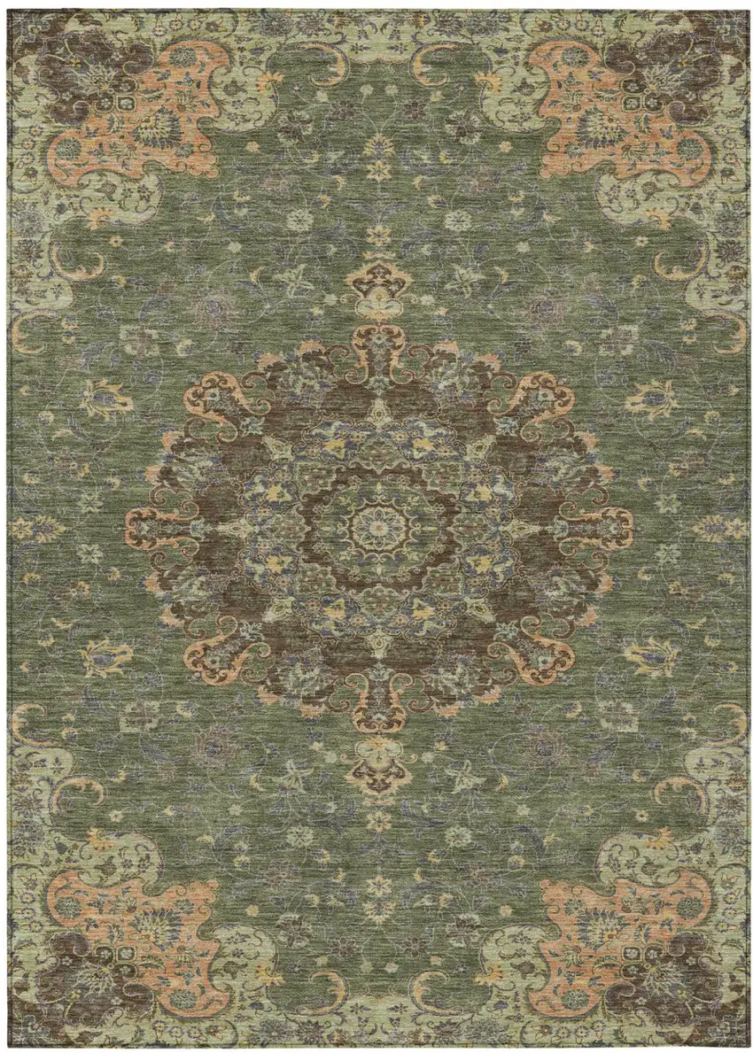 Olive Green And Chocolate Floral Medallion Washable Indoor Outdoor Area Rug Photo 2