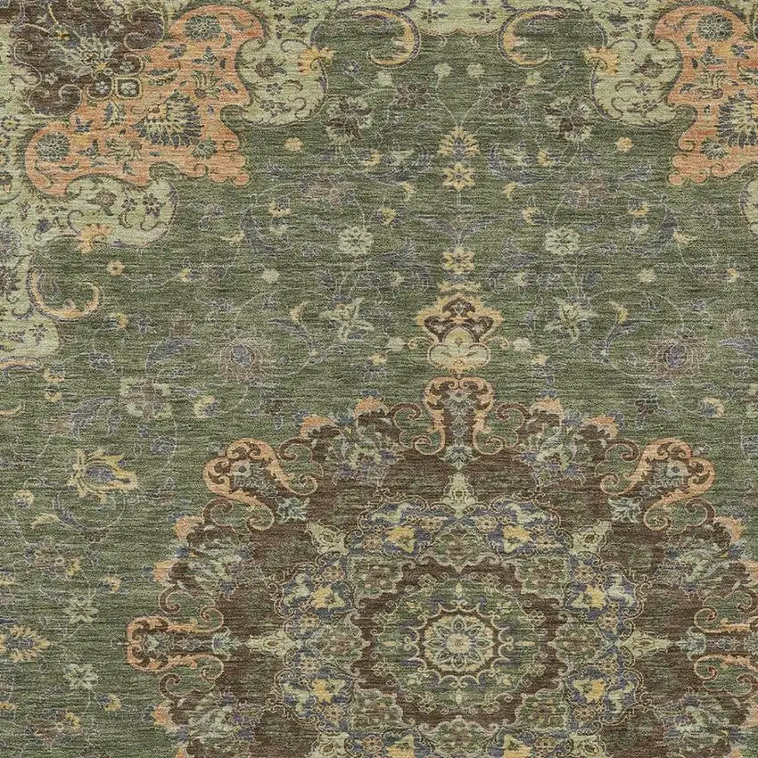 Olive Green And Chocolate Floral Medallion Washable Indoor Outdoor Area Rug Photo 3