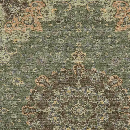 Olive Green And Chocolate Floral Medallion Washable Indoor Outdoor Area Rug Photo 3