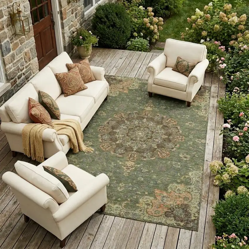 Olive Green And Chocolate Floral Medallion Washable Indoor Outdoor Area Rug Photo 1
