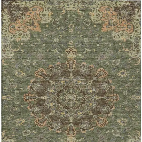 Olive Green And Chocolate Floral Medallion Washable Indoor Outdoor Area Rug Photo 4