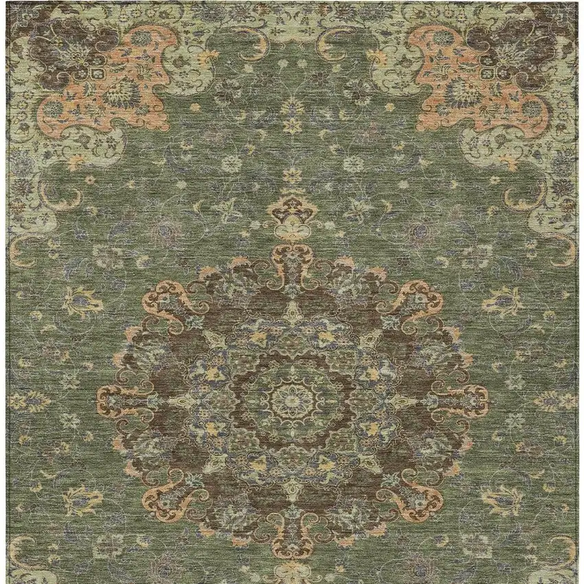 Olive Green And Chocolate Floral Medallion Washable Indoor Outdoor Area Rug Photo 4