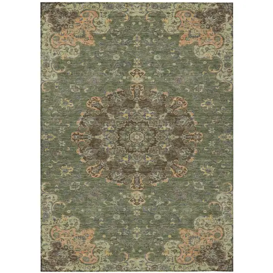 Olive Green And Chocolate Floral Medallion Washable Indoor Outdoor Area Rug Photo 2