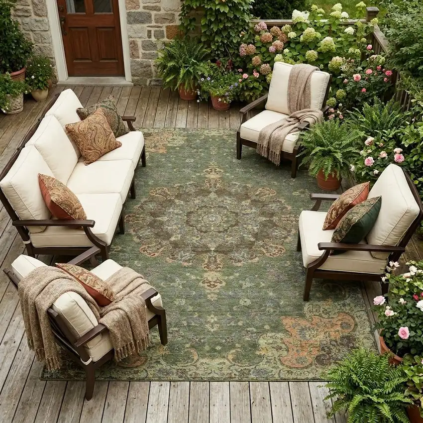 Olive Green And Chocolate Floral Medallion Washable Indoor Outdoor Area Rug Photo 1