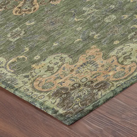 Olive Green And Chocolate Floral Medallion Washable Indoor Outdoor Area Rug Photo 5