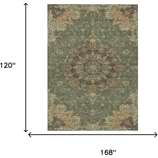 Olive Green And Chocolate Floral Medallion Washable Indoor Outdoor Area Rug Photo 7