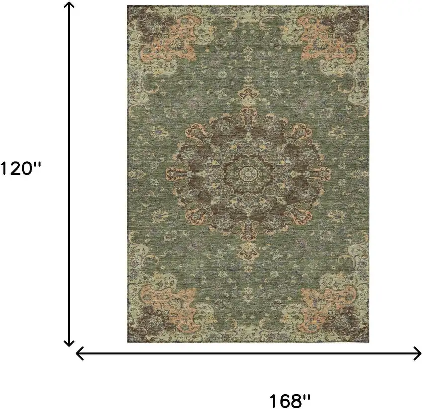 Olive Green And Chocolate Floral Medallion Washable Indoor Outdoor Area Rug Photo 7