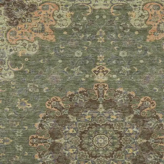 Olive Green And Chocolate Floral Medallion Washable Indoor Outdoor Area Rug Photo 3