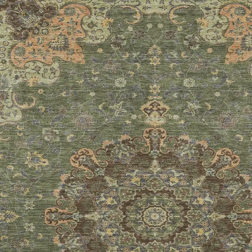 Olive Green And Chocolate Floral Medallion Washable Indoor Outdoor Area Rug Photo 3