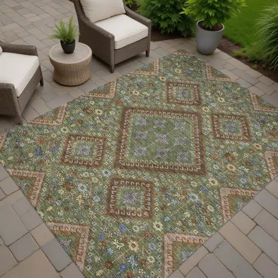 Olive Green And Chocolate Medallion Washable Indoor Outdoor Area Rug Photo 7