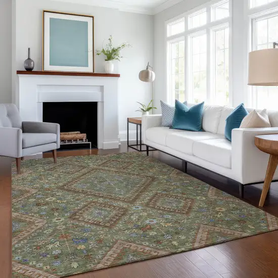 Olive Green And Chocolate Medallion Washable Indoor Outdoor Area Rug Photo 6