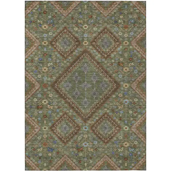 Olive Green And Chocolate Medallion Washable Indoor Outdoor Area Rug Photo 1