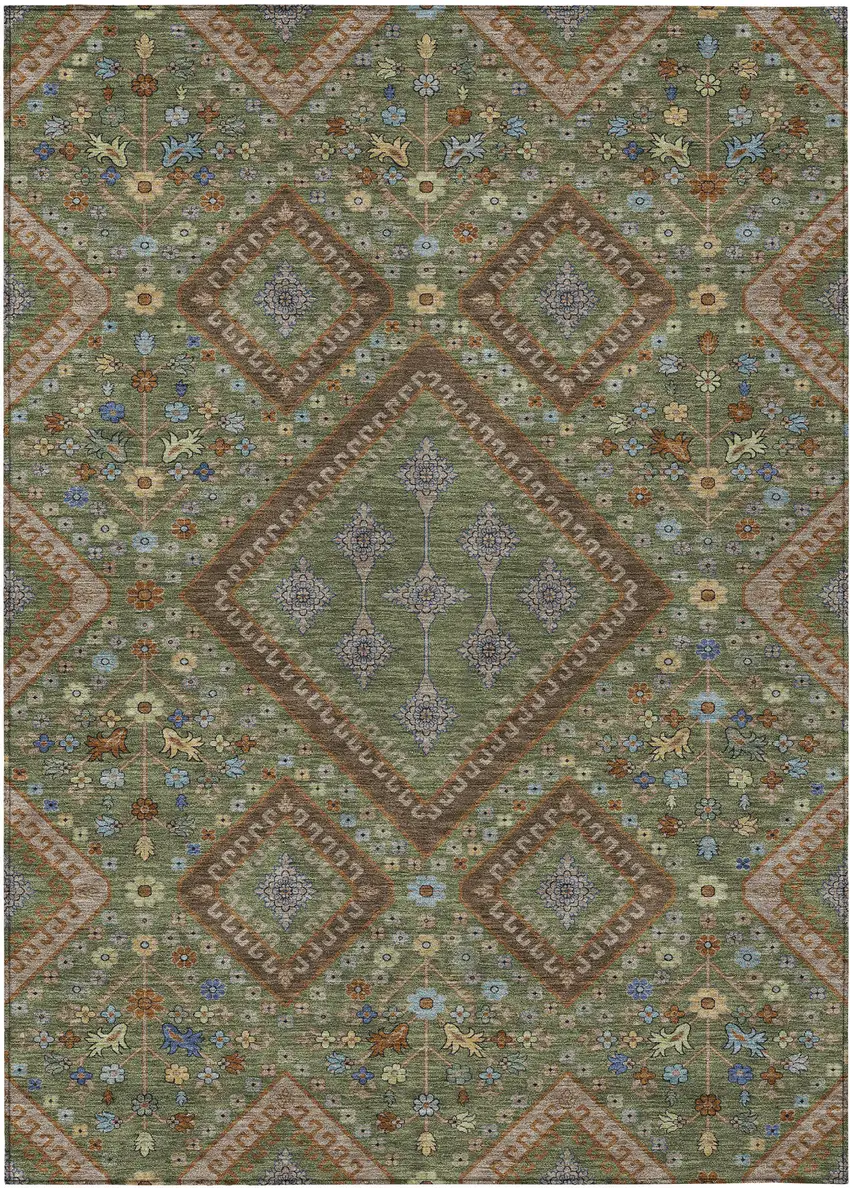 Olive Green And Chocolate Medallion Washable Indoor Outdoor Area Rug Photo 1