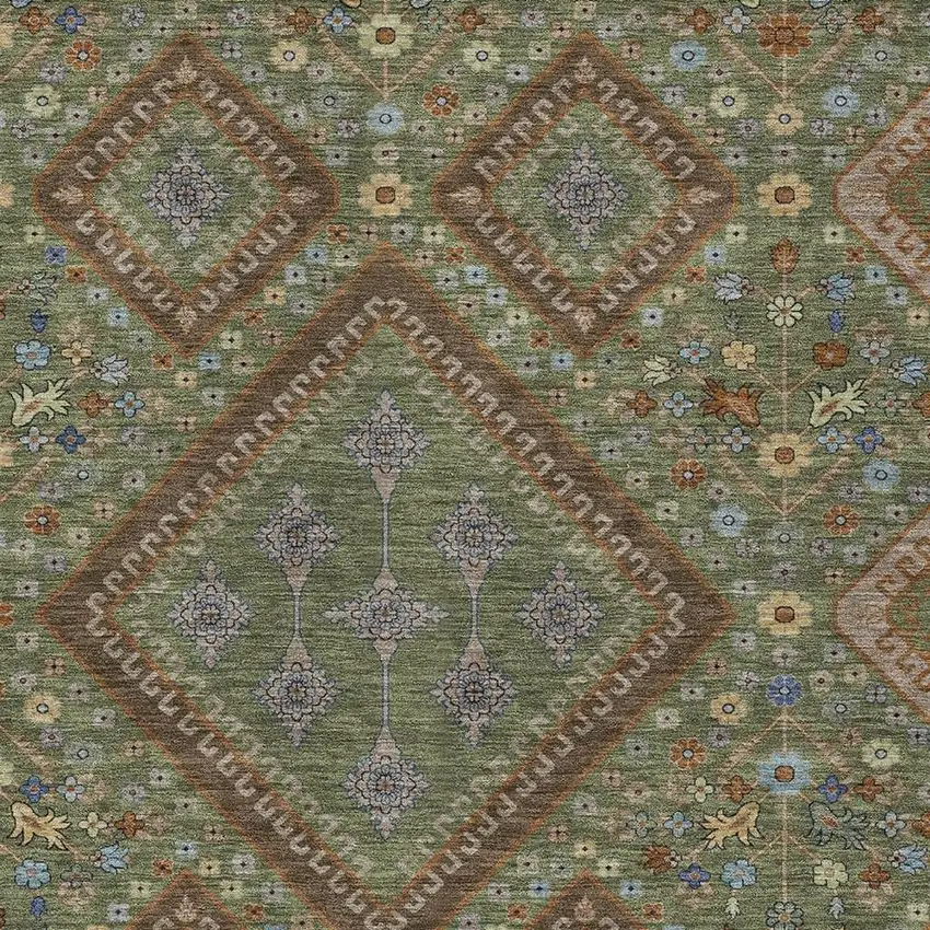 Olive Green And Chocolate Medallion Washable Indoor Outdoor Area Rug Photo 2