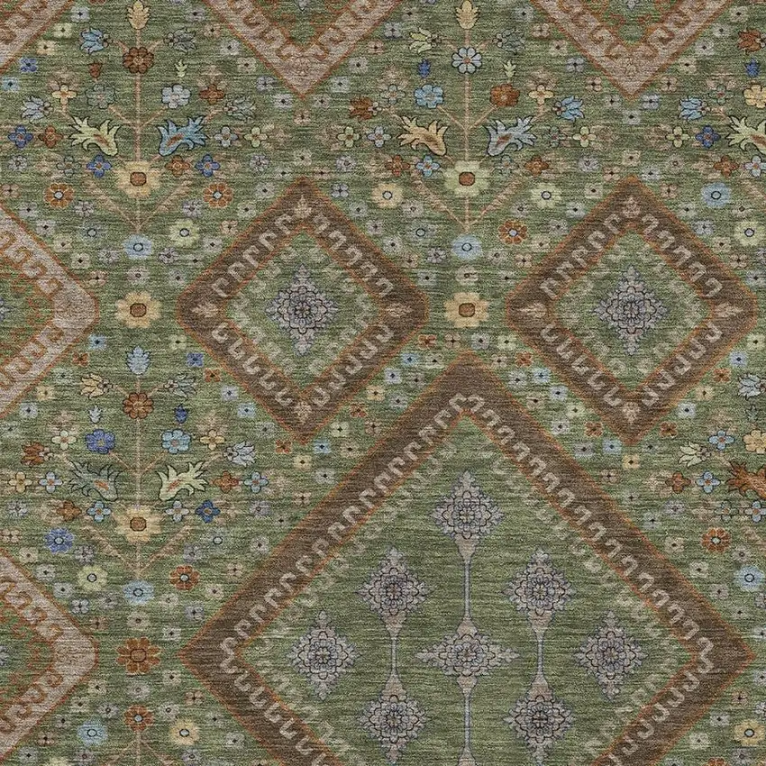 Olive Green And Chocolate Medallion Washable Indoor Outdoor Area Rug Photo 2