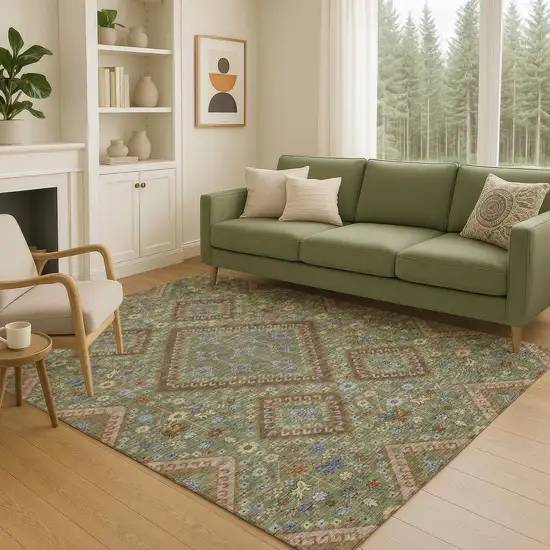 Olive Green And Chocolate Medallion Washable Indoor Outdoor Area Rug Photo 5