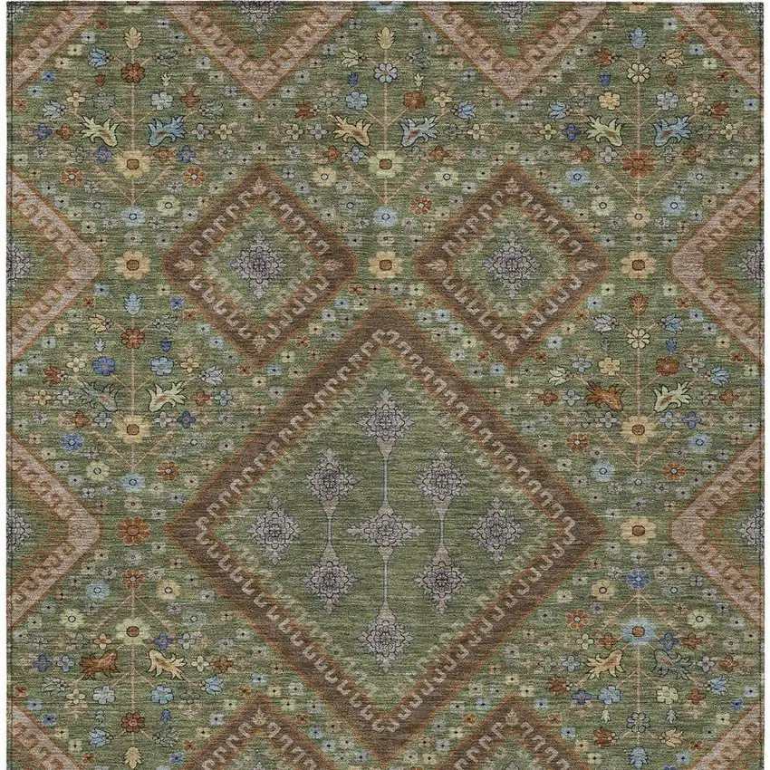 Olive Green And Chocolate Medallion Washable Indoor Outdoor Area Rug Photo 3