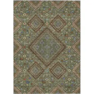 Photo of Olive Green And Chocolate Medallion Washable Indoor Outdoor Area Rug