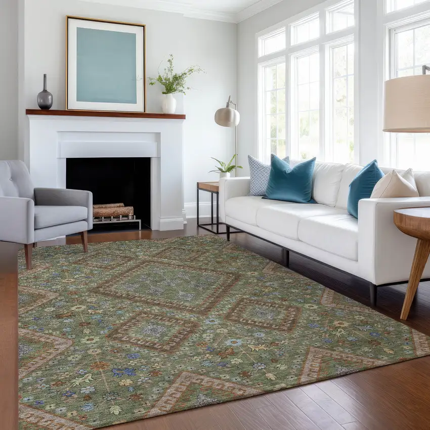 Olive Green And Chocolate Medallion Washable Indoor Outdoor Area Rug Photo 6