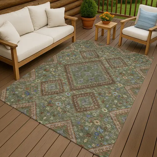 Olive Green And Chocolate Medallion Washable Indoor Outdoor Area Rug Photo 4