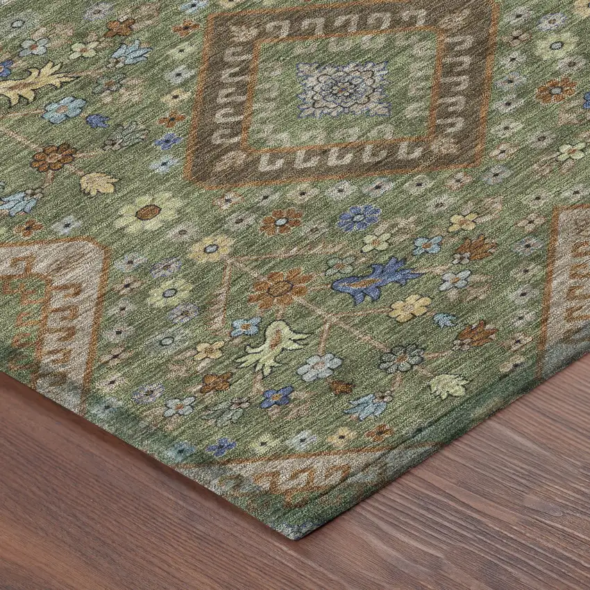 Olive Green And Chocolate Medallion Washable Indoor Outdoor Area Rug Photo 8