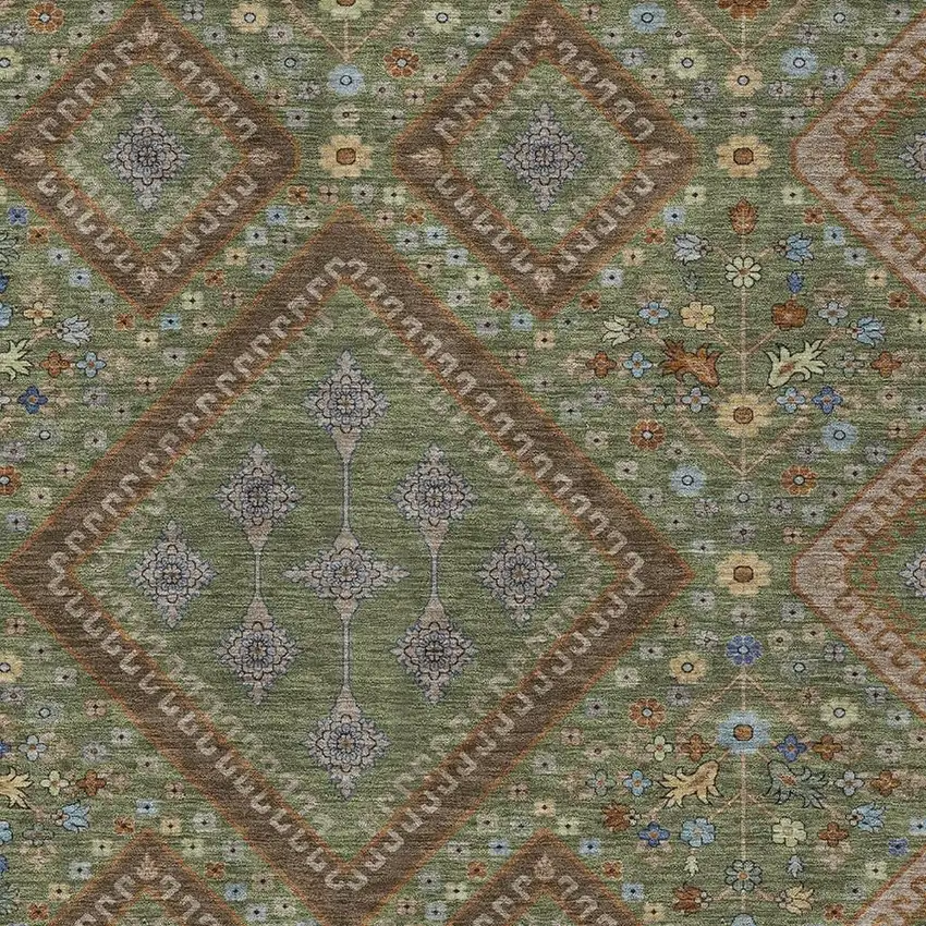 Olive Green And Chocolate Medallion Washable Indoor Outdoor Area Rug Photo 2