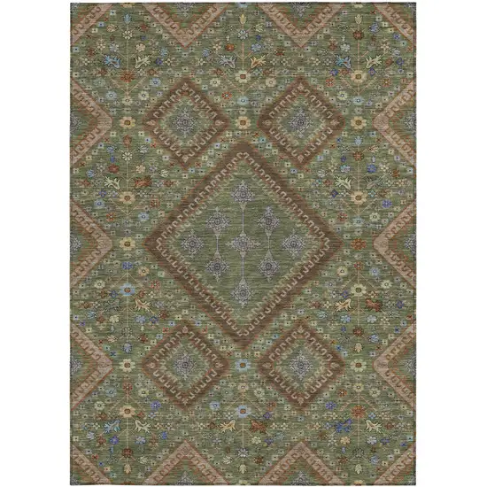 Olive Green And Chocolate Medallion Washable Indoor Outdoor Area Rug Photo 3
