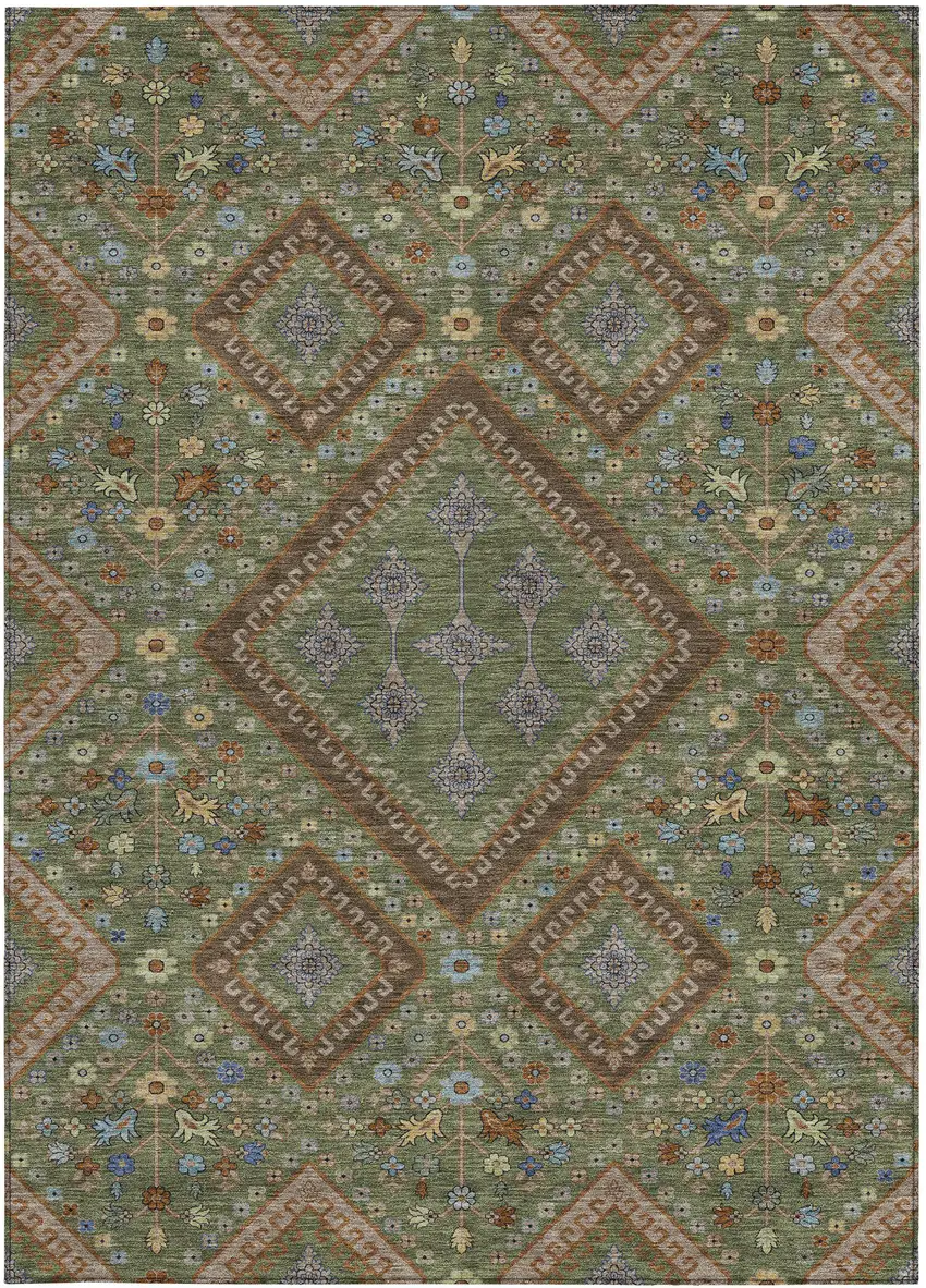 Olive Green And Chocolate Medallion Washable Indoor Outdoor Area Rug Photo 3