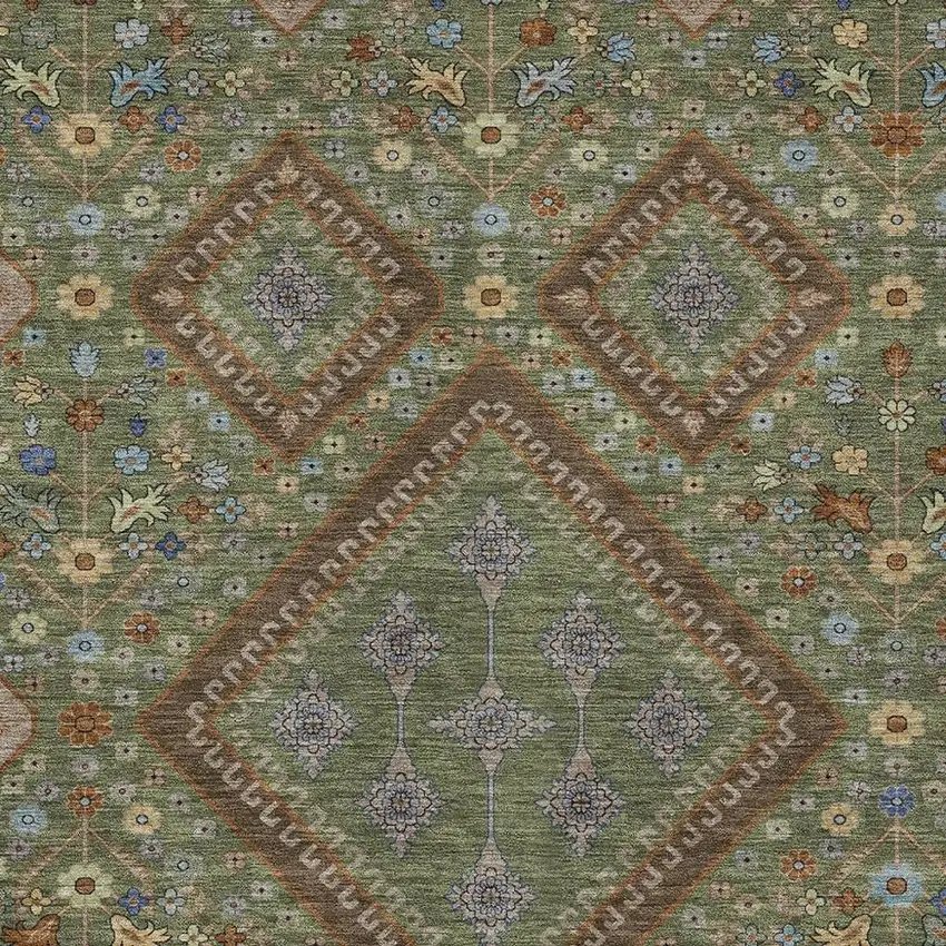 Olive Green And Chocolate Medallion Washable Indoor Outdoor Area Rug Photo 2