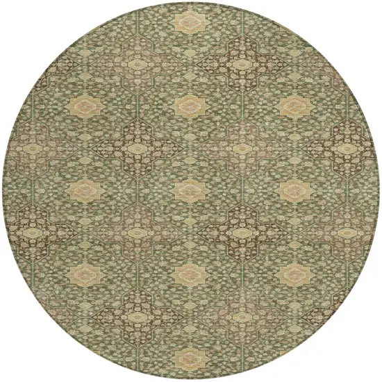 Olive Green And Chocolate Round Damask Washable Indoor Outdoor Area Rug Photo 1