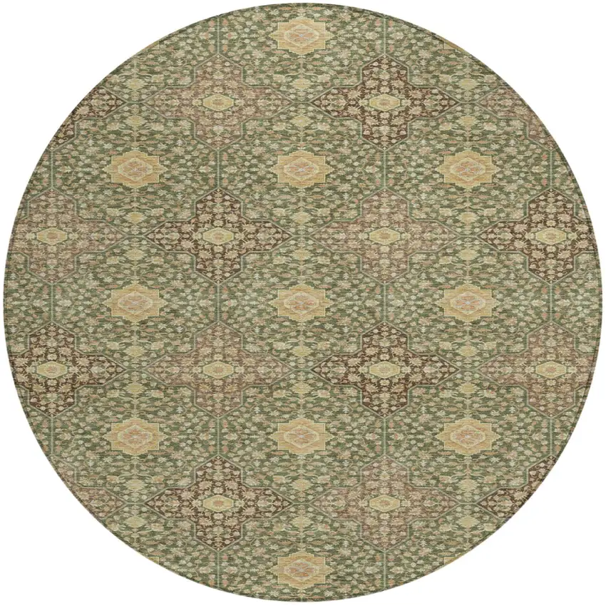 Olive Green And Chocolate Round Damask Washable Indoor Outdoor Area Rug Photo 1