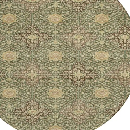 Olive Green And Chocolate Round Damask Washable Indoor Outdoor Area Rug Photo 2