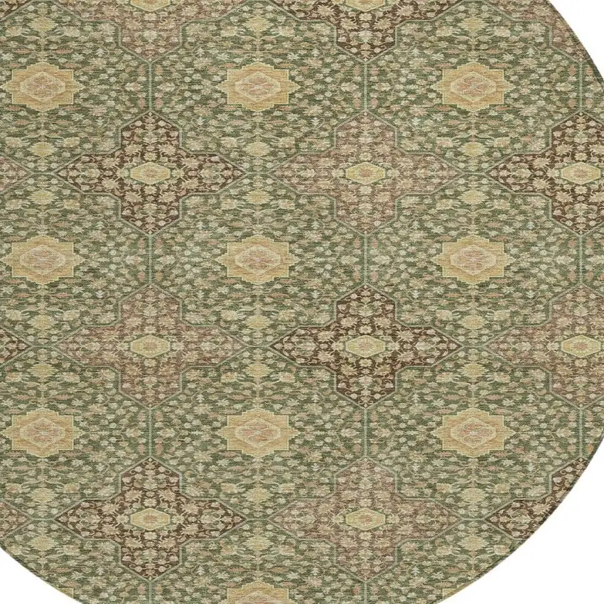 Olive Green And Chocolate Round Damask Washable Indoor Outdoor Area Rug Photo 2