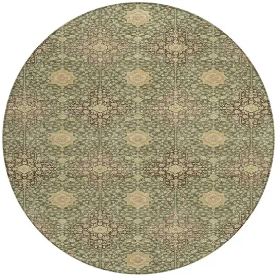 Olive Green And Chocolate Round Damask Washable Indoor Outdoor Area Rug Photo 3