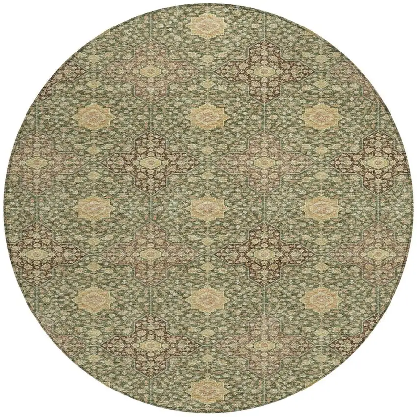 Olive Green And Chocolate Round Damask Washable Indoor Outdoor Area Rug Photo 3