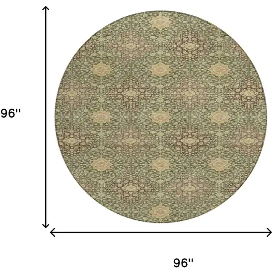 Olive Green And Chocolate Round Damask Washable Indoor Outdoor Area Rug Photo 6