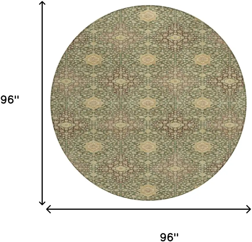 Olive Green And Chocolate Round Damask Washable Indoor Outdoor Area Rug Photo 6