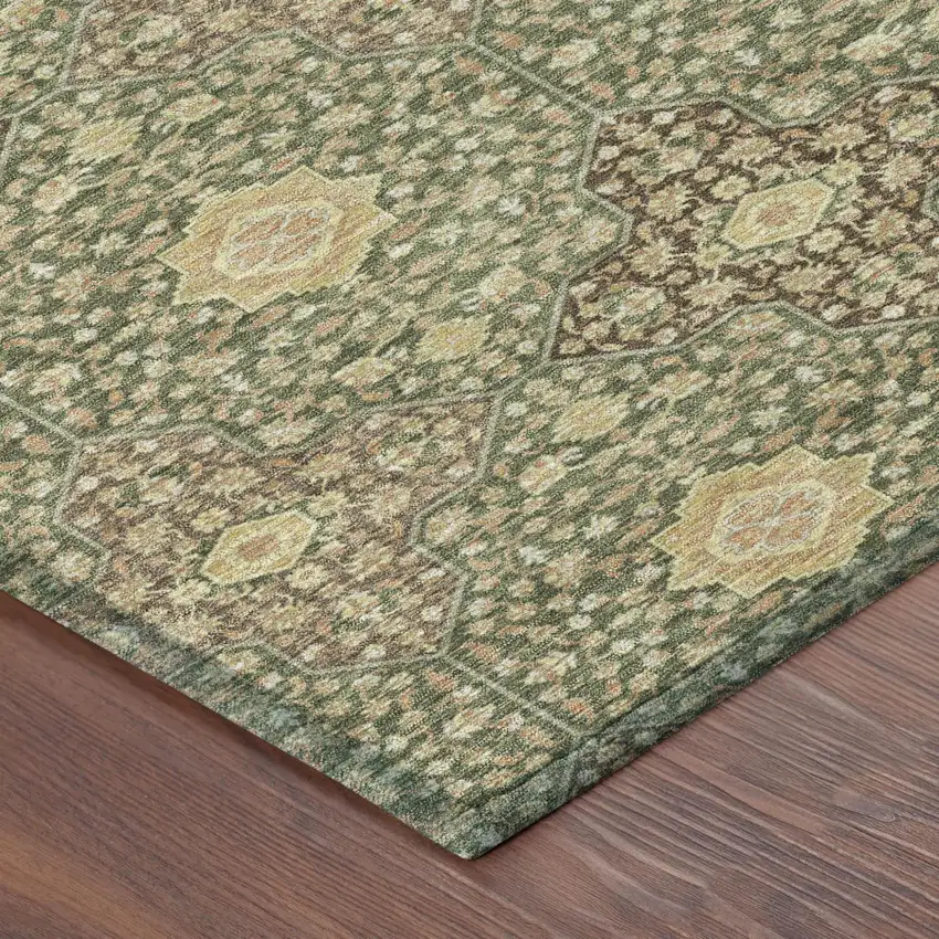 Olive Green And Chocolate Round Damask Washable Indoor Outdoor Area Rug Photo 4