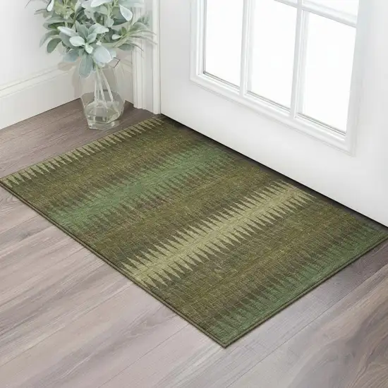 Olive Green And Chocolate Striped Washable Area Rug With UV Protection Photo 2