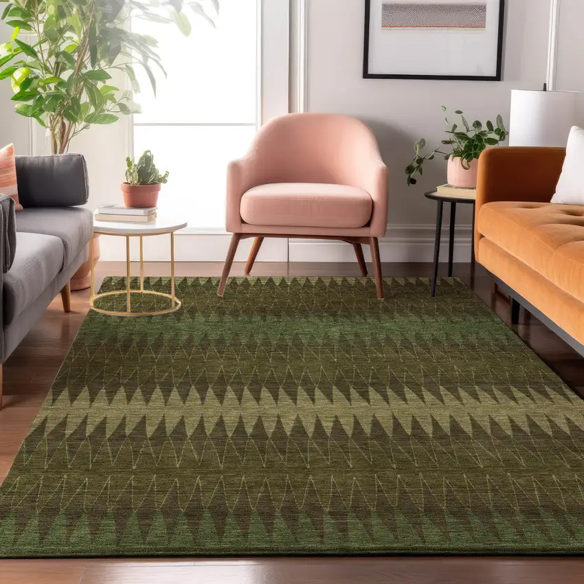 Olive Green And Chocolate Striped Washable Area Rug With UV Protection Photo 5