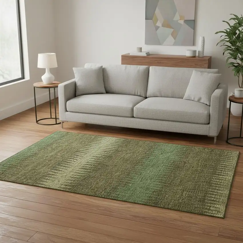 Olive Green And Chocolate Striped Washable Area Rug With UV Protection Photo 2