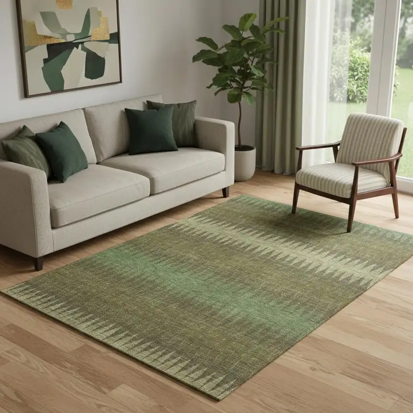 Olive Green And Chocolate Striped Washable Area Rug With UV Protection Photo 1