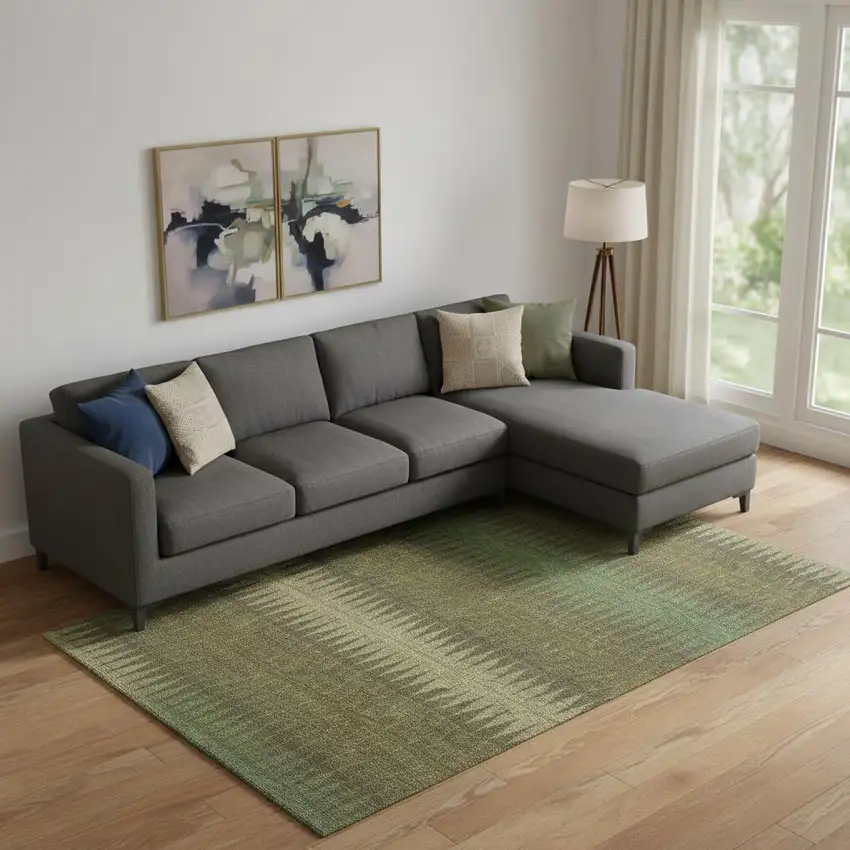 Olive Green And Chocolate Striped Washable Area Rug With UV Protection Photo 1